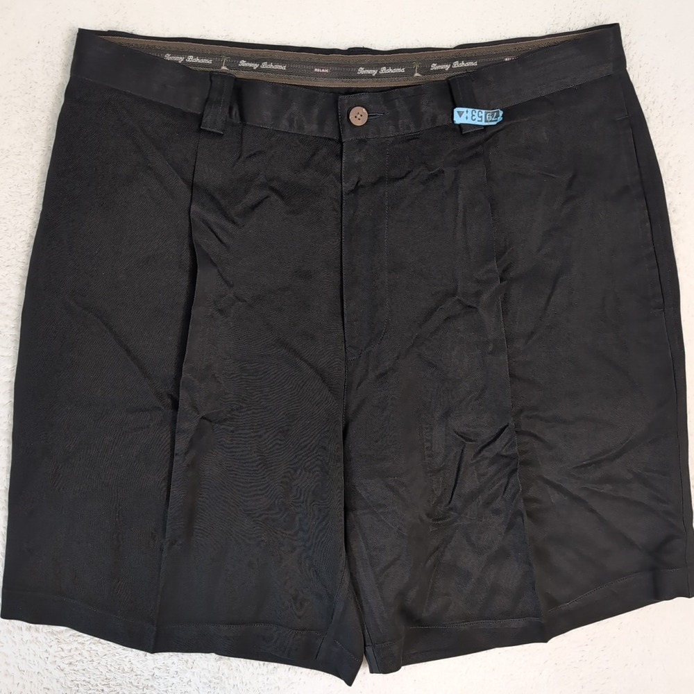 TOMMY BAHAMA 100% Silk Pleated Black Dress‎ Golf Shorts Mens 36x7.5" Tropical